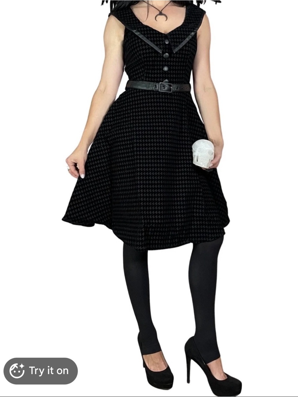 Voodoo Vixen Black Houndstooth Fit-and-Flare Dress